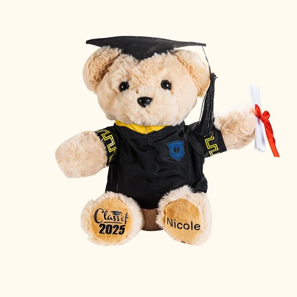 Orsacchiotto di peluche personalizzato con nome e anno sui piedi e distintivo scolastico regalo di laurea per diplomati