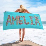 Serviette de plage surdimensionnée personnalisée avec nom floral multicolore à séchage rapide Vacances d'été Cadeau de fête pour les femmes qui aiment la natation