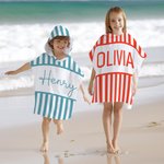 Toalla de playa con capucha para niños, personalizada, de rayas multicolores, de secado rápido, con nombre Fiesta en la playa Viaje Vacaciones Cumpleaños Regalo para niños