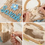 Borsetta a tracolla personalizzata in paglia intrecciata con fiore e nome fatta a mano fodera con coulisse regalo di compleanno o festa dei bambini