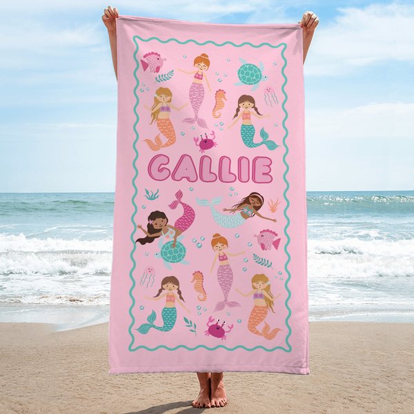 Personalized Ocean World Mermaid Shark Quick Dry Oversized Microfiber Beach Towel with Name Beach Party Essential Birthday Gift for Girls Boys