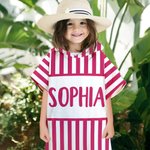 Toalla de playa con capucha para niños, personalizada, de rayas multicolores, de secado rápido, con nombre Fiesta en la playa Viaje Vacaciones Cumpleaños Regalo para niños