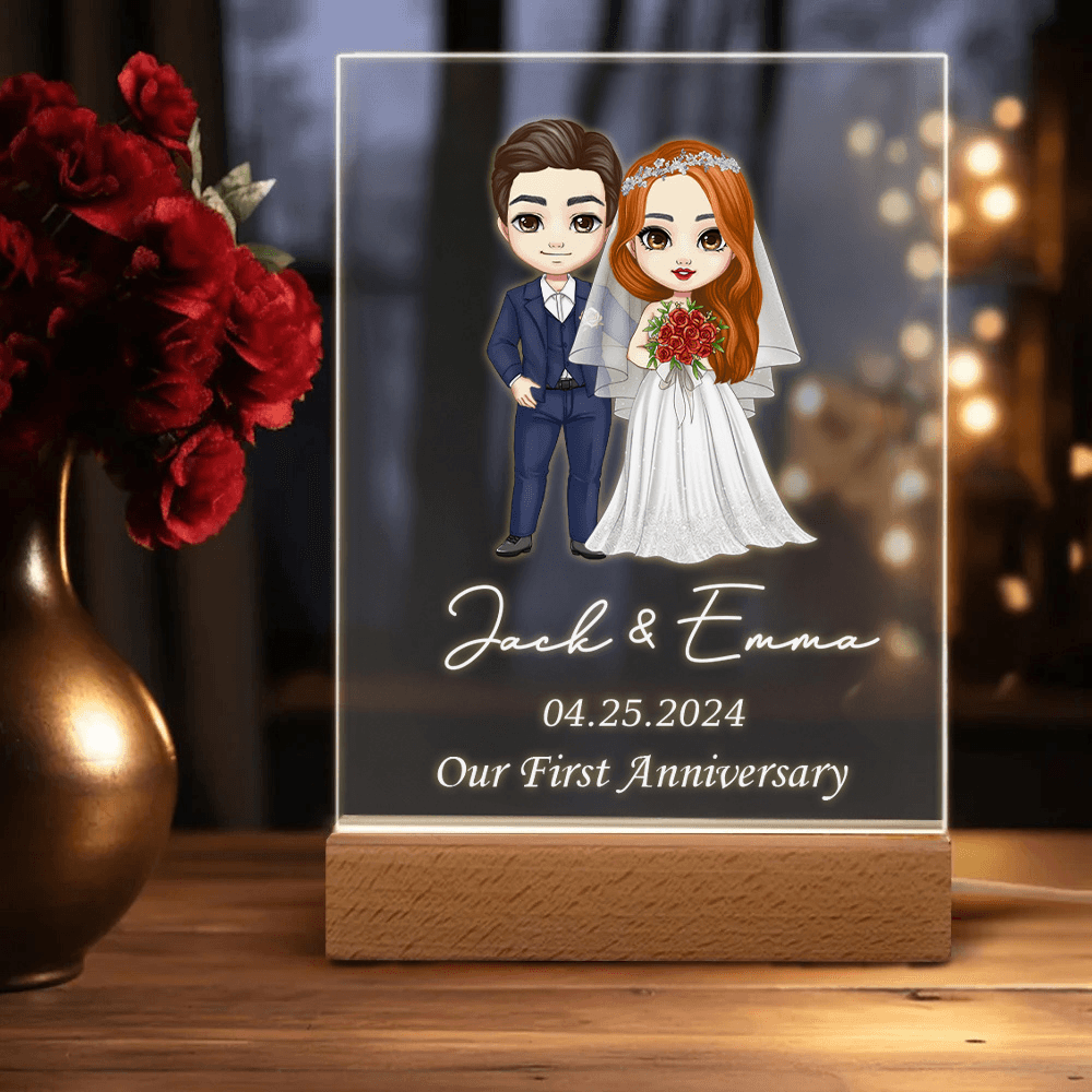 Personalized Cartoon Bride and Groom LED Night Light with Names and Wedding Date, Wooden Base Home Decor, Anniversary/Valentine's Day Gift for Couple