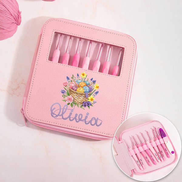 Personalised Floral Yarn Basket Name Crochet Hooks 8 Pcs Set with Storage Case and Scissors Birthday Gift for Crocheter