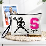 Personalized Lacrosse Player  Silhouette Cosmetic Bag with Initial Name and Wristband Match Day Birthday Gift for Lacrosse Lovers