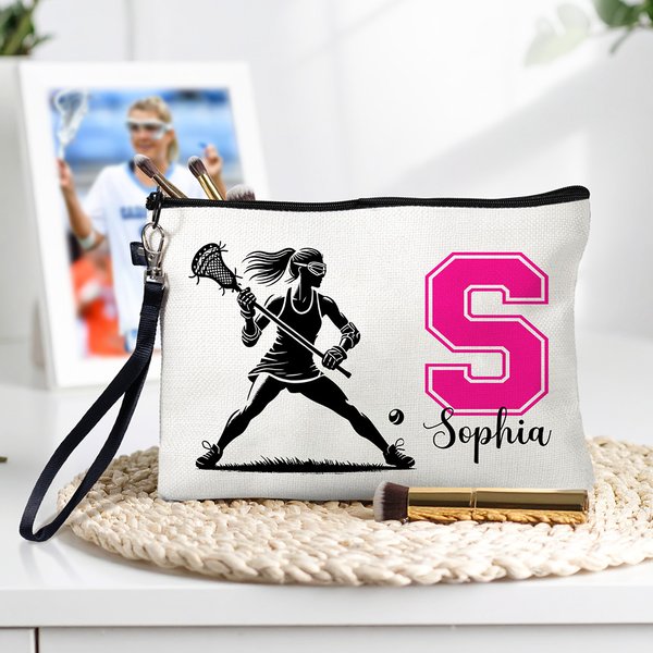 Personalized Lacrosse Player  Silhouette Cosmetic Bag with Initial Name and Wristband Match Day Birthday Gift for Lacrosse Lovers