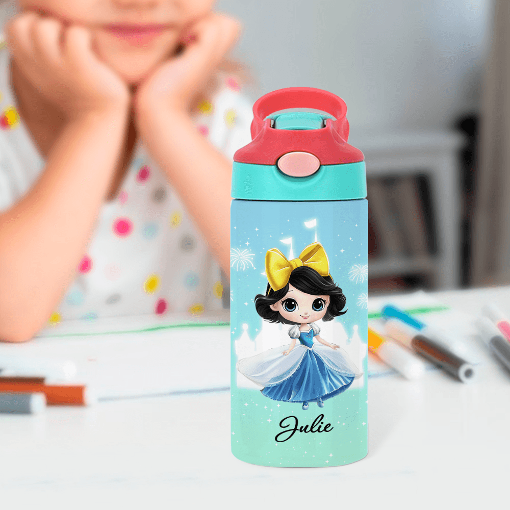 Personalized Cartoon Princess Themed Insulated Tumbler, Custom Name 12oz Travel Cup with Straw & Handle, Birthday Gift for Daughter/Girl