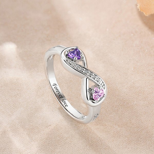 Personalised Zircon Infinity Double Heart Birthstones Ring with Engraved Names Valentine's Day Anniversary Birthday Gift for Women
