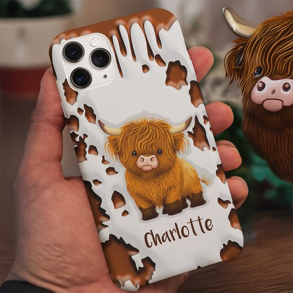 Personalised Cute Highland Cow Double-Layer Phone Case for iPhone with Name Birthday Gift for Highland Cow Lovers
