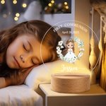 Personalised Wreath Cartoon Girl LED Night Light with Wooden Base Name and Date First Communion Keepsake Baptism Gift for Goddaughter Girls