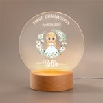 Personalised Wreath Cartoon Girl LED Night Light with Wooden Base Name and Date First Communion Keepsake Baptism Gift for Goddaughter Girls
