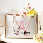 Personalized Cute Animal Ballerina  Durable Jute Tote Bag with Initial and Name Travel Essential Birthday Gift for Ballet Lovers
