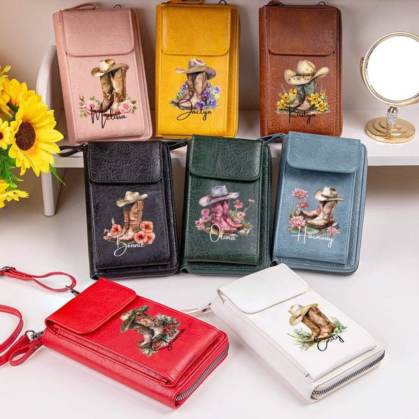 Personalisierte Cowgirl Hut Geburt Blume Stiefel PU Leder Crossbody Tasche Brieftasche mit Namen und Kartenschlitze Reisezubehör Geburtstag Geschenk für Frauen