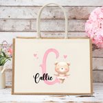 Personalized Cute Animal Ballerina  Durable Jute Tote Bag with Initial and Name Travel Essential Birthday Gift for Ballet Lovers