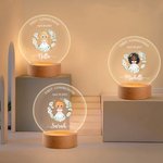 Personalised Wreath Cartoon Girl LED Night Light with Wooden Base Name and Date First Communion Keepsake Baptism Gift for Goddaughter Girls