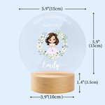 Personalised Wreath Cartoon Girl LED Night Light with Wooden Base Name and Date First Communion Keepsake Baptism Gift for Goddaughter Girls