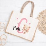 Personalized Cute Animal Ballerina  Durable Jute Tote Bag with Initial and Name Travel Essential Birthday Gift for Ballet Lovers