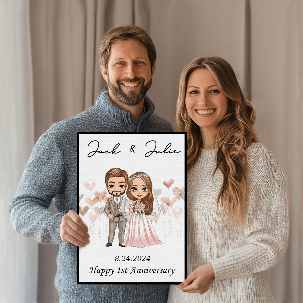 Personalized Cartoon Bride and Groom Painting Poster with Name and Wedding Date, Wall Art Home Decor, Anniversary/Valentine's Day Gift for Couple