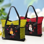 Personalized Cartoon Fashion Girl Lipstick Design Large Tote Bag with Name and Mesh Pocket Travel Essentials Birthday Gift for Women