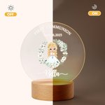 Personalised Wreath Cartoon Girl LED Night Light with Wooden Base Name and Date First Communion Keepsake Baptism Gift for Goddaughter Girls