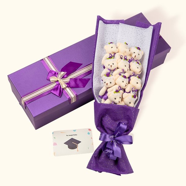 Personalized Cute Stuffed Flower Plush Bear Ribbon Bow Bouquet with Gift Box and Greeting Card Class of 2026 Graduation Party Gift for Graduates