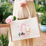 Personalized Cute Animal Ballerina  Durable Jute Tote Bag with Initial and Name Travel Essential Birthday Gift for Ballet Lovers