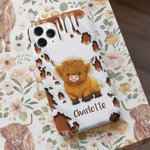 Personalisierte niedliche Hochlandkuh Double-Layer Handyhülle für iPhone mit Namen Geburtstagsgeschenk für Hochlandkuh-Liebhaber