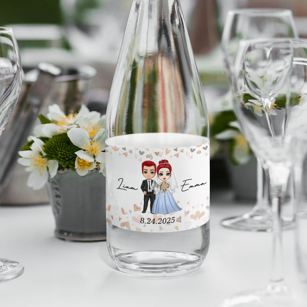 (Set of 20 Pcs)Custom Name & Wedding Date Cartoon Bride and Groom Wedding Water Bottle Labels for Wedding/Engagement/Bridal Shower, Wedding Gift