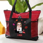 Personalized Cartoon Fashion Girl Lipstick Design Large Tote Bag with Name and Mesh Pocket Travel Essentials Birthday Gift for Women