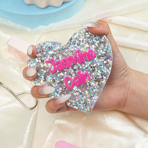 Personalised Mirror Glitter Heart Acrylic Nail Art Disc with Text Social Media Photo Display Beauty Salon Opening Gift for Manicurists Nail Artists