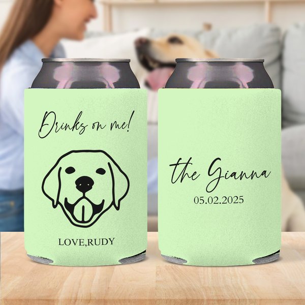 Personalized Multicolor Dog Cat Line Drawing Can Cooler Sleeve with Name and Date Wedding Party Birthday Gift for Pet Lovers Beer Lovers