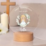 Personalised Wreath Cartoon Girl LED Night Light with Wooden Base Name and Date First Communion Keepsake Baptism Gift for Goddaughter Girls