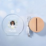 Personalised Wreath Cartoon Girl LED Night Light with Wooden Base Name and Date First Communion Keepsake Baptism Gift for Goddaughter Girls