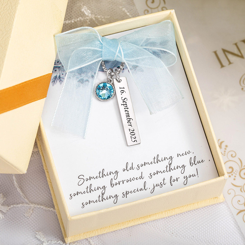 Personalisierter Brautstrauß Anhänger mit Blauem Kristall und Text Gravur Etwas Blaues zur Hochzeit Geschenk zur Erinnerung für Braut