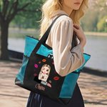 Personalized Cartoon Fashion Girl Lipstick Design Large Tote Bag with Name and Mesh Pocket Travel Essentials Birthday Gift for Women