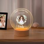 Personalised Wreath Cartoon Girl LED Night Light with Wooden Base Name and Date First Communion Keepsake Baptism Gift for Goddaughter Girls