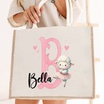 Personalized Cute Animal Ballerina  Durable Jute Tote Bag with Initial and Name Travel Essential Birthday Gift for Ballet Lovers