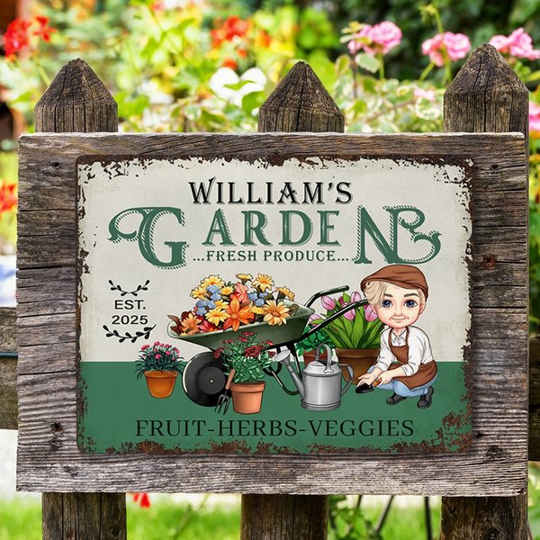 Personalized Cartoon Character Garden Metal Sign with Name Garden Decor Housewarming Birthday Gift for Grandma Mom Gardening Enthusiasts