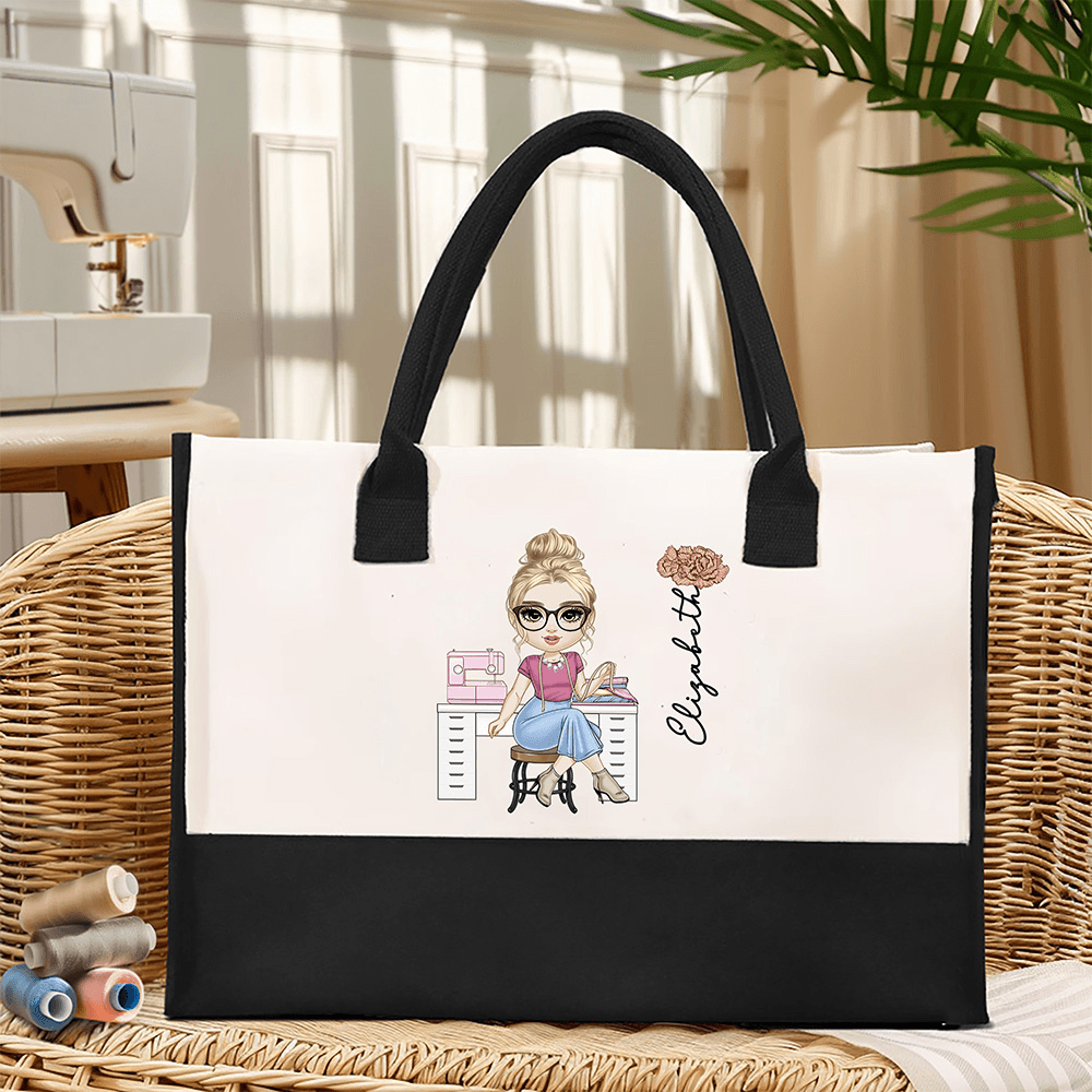Personalized Cartoon Sewing Character Tote Bag with Birth Flower and Name, Large Capacity Canvas Tote Bag, Gift for Sewing Lover/Fashion Designer