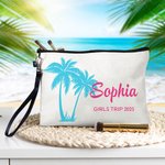Personalised Palm Linen Makeup Bag with Name Text and Wrist Strap Birthday Travel Beach Party Gift for Women Bridesmaids