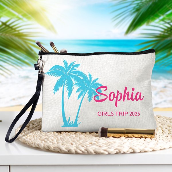 Personalised Palm Linen Makeup Bag with Name Text and Wrist Strap Birthday Travel Beach Party Gift for Women Bridesmaids