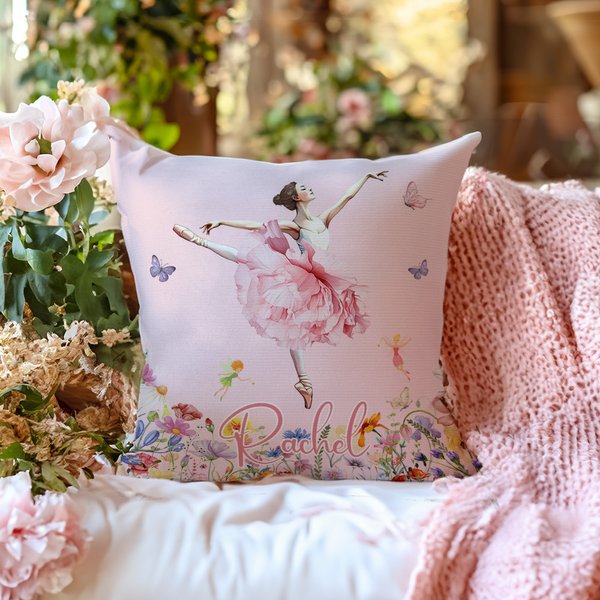 Personalized Birth Flower Butterfly Ballet Girl Soft Throw Pillow Cover with Name Home Decor Anniversary Birthday Gift for Girls Women Dancers