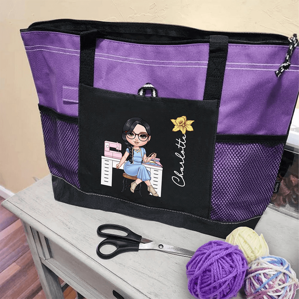 Personalized Cartoon Sewing Character Oxford Cloth Bag with Birth Flower and Name, Large Capacity Handbag with Mesh Pocket, Gift for Sewing Lover