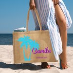 Sac Fourre-Tout en Jute Personnalisé avec Motif Palmier Nom et Texte Cadeau Anniversaire Plage Mariage pour Femmes et Demoiselles d’Honneur