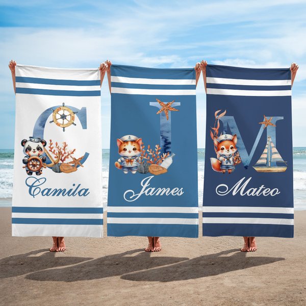 Serviette de Plage Personnalisée avec Animal Marin Initiale et Nom Accessoire Séchage Rapide Cadeau Anniversaire Vacances Été pour Garçon Fille