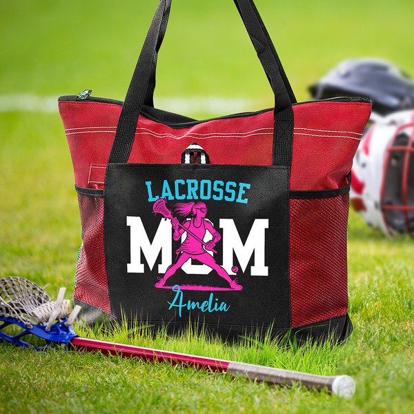 Personalized Lacrosse Player Silhouette Oxford Tote Bag with Text and Mesh Pocket Sports Event Mother's Day Birthday Gift for Lacrosse Lovers