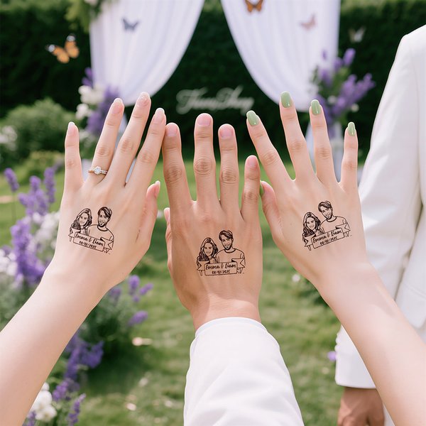 Gepersonaliseerde Waterdichte Niet-giftige Set van 24 Portret Tijdelijke Tatoeages met Naam en Datum Huwelijksfeest Cadeau voor Pasgetrouwde Gasten