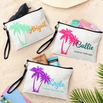 Personalised Palm Linen Makeup Bag with Name Text and Wrist Strap Birthday Travel Beach Party Gift for Women Bridesmaids