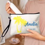 Personalised Palm Linen Makeup Bag with Name Text and Wrist Strap Birthday Travel Beach Party Gift for Women Bridesmaids