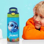 Botella de agua para niños de acero inoxidable con aislamiento, asa y pajita de silicona Personalizada con el nombre de animales del océano de dibujos animados 12 oz Regalo de vuelta al cole para niño